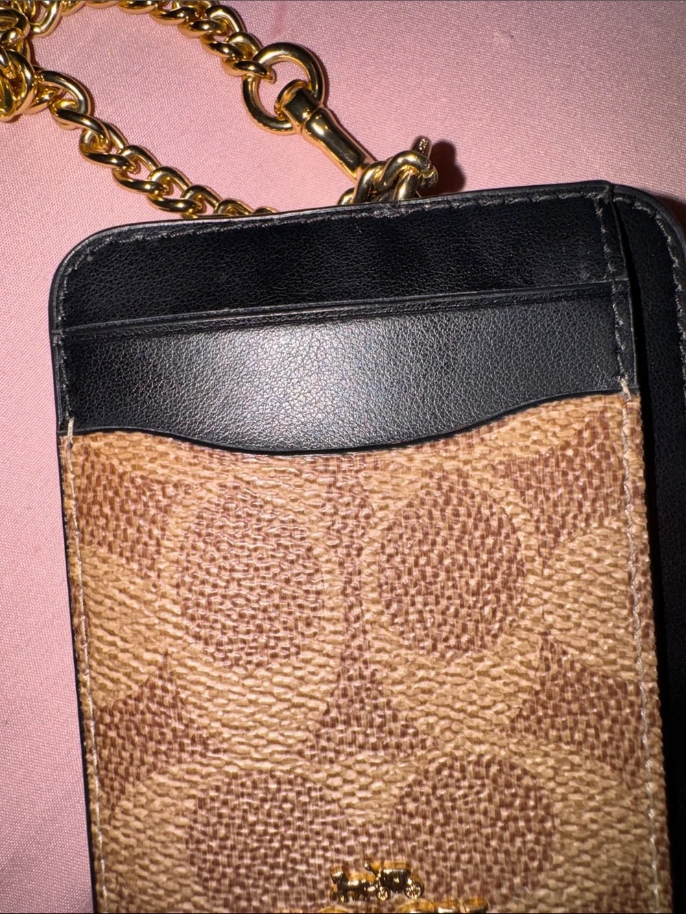 Coach Brown Signature Card Holder with Black Trim and Gold Chain
